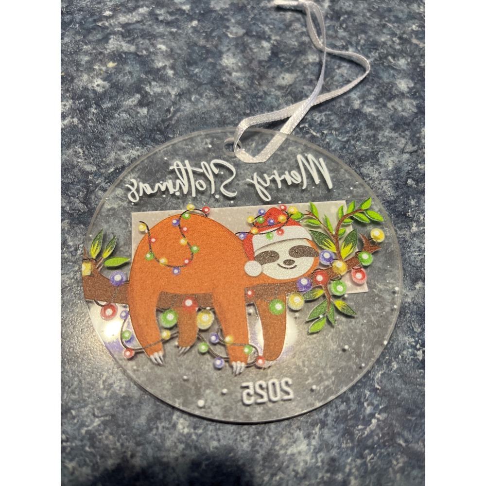 Merry Slothmas 2025 Christmas Ornament Acrylic Sloth Holiday Lights 3.5 Inch
